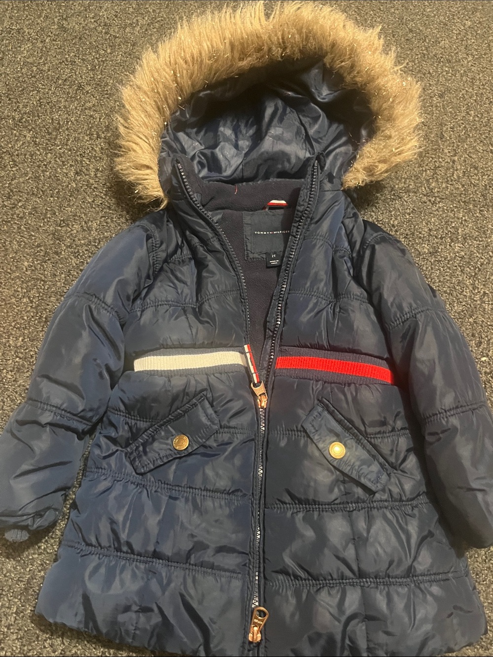Tommy Hilfiger Navy Puffer Jacket with Faux Fur Hood